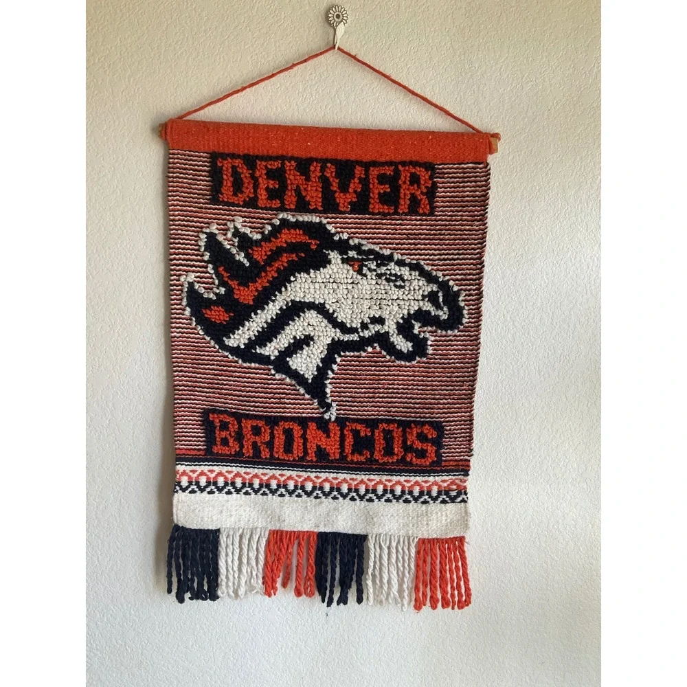 Vintage Denver Broncos Woven Wall Hanging Textile Art Orange Blue Fringe NFL